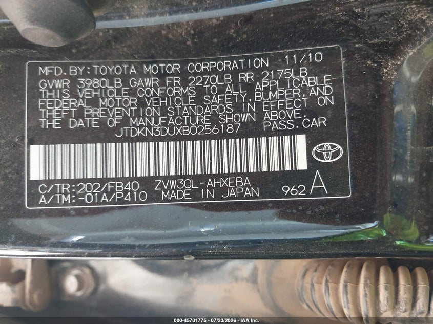 2011 Toyota Prius VIN JTDKN3DUXB0256187 IAAI salvage auction — FRONT END, Salvage (Arizona), sold $1,300 on 2026-08-03 (photo 9)