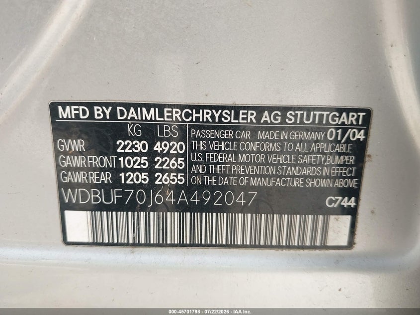 2004 Mercedes-benz E-class VIN WDBUF70J64A492047 IAAI salvage auction — NORMAL WEAR, Clear (Hawaii), sold $100 on 2026-07-28 (photo 9)