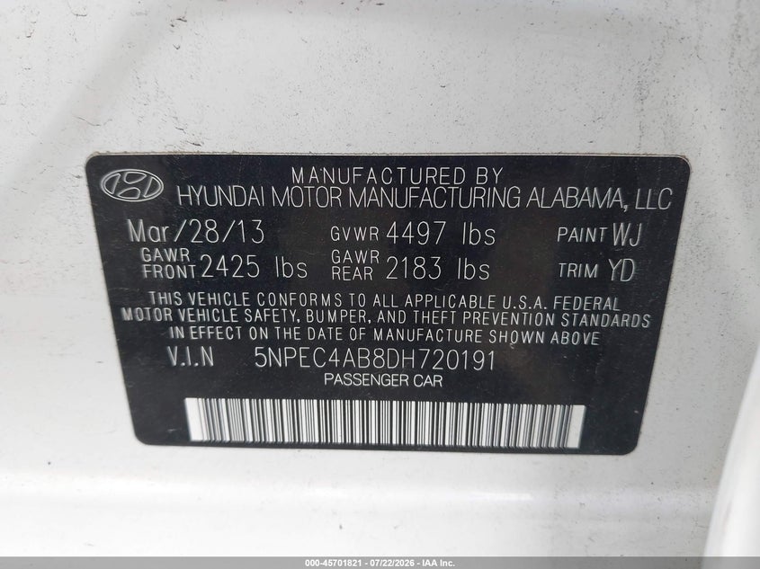 2013 Hyundai Sonata VIN 5NPEC4AB8DH720191 IAAI salvage auction — NORMAL WEAR, Clear (Pennsylvania), sold $25 on 2026-07-28 (photo 9)