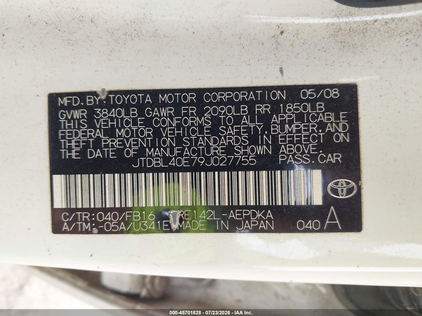 2009 Toyota Corolla VIN JTDBL40E79J027755 IAAI salvage auction — NORMAL WEAR, Original (Texas), sold $25 on 2026-07-29 (photo 9)