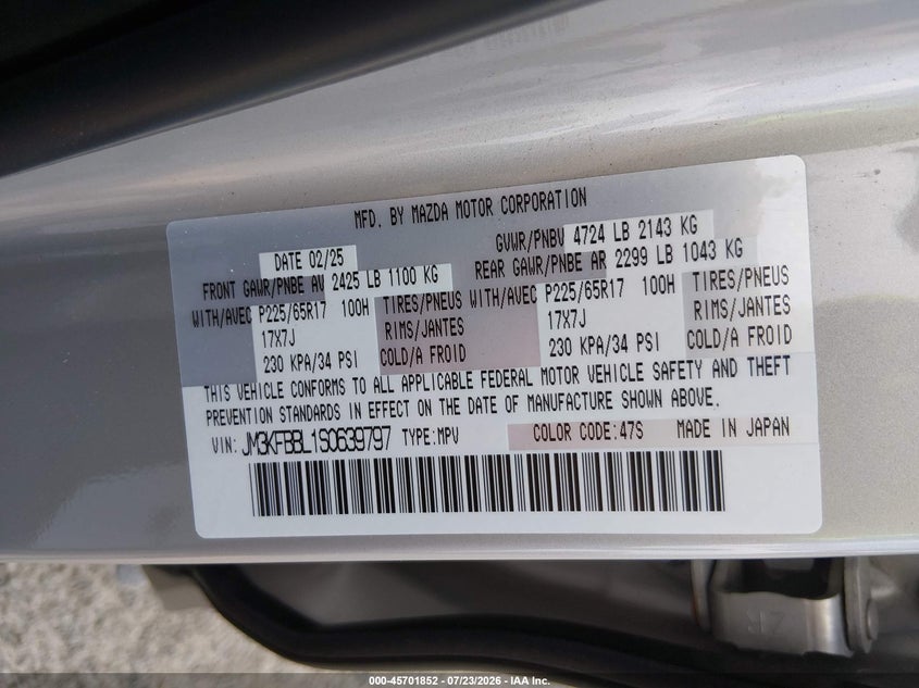 2025 Mazda Cx-5 VIN JM3KFBBL1S0639797 IAAI salvage auction — RIGHT FRONT, Salvage Title, sold $17,150 on 2026-07-29 (photo 9)