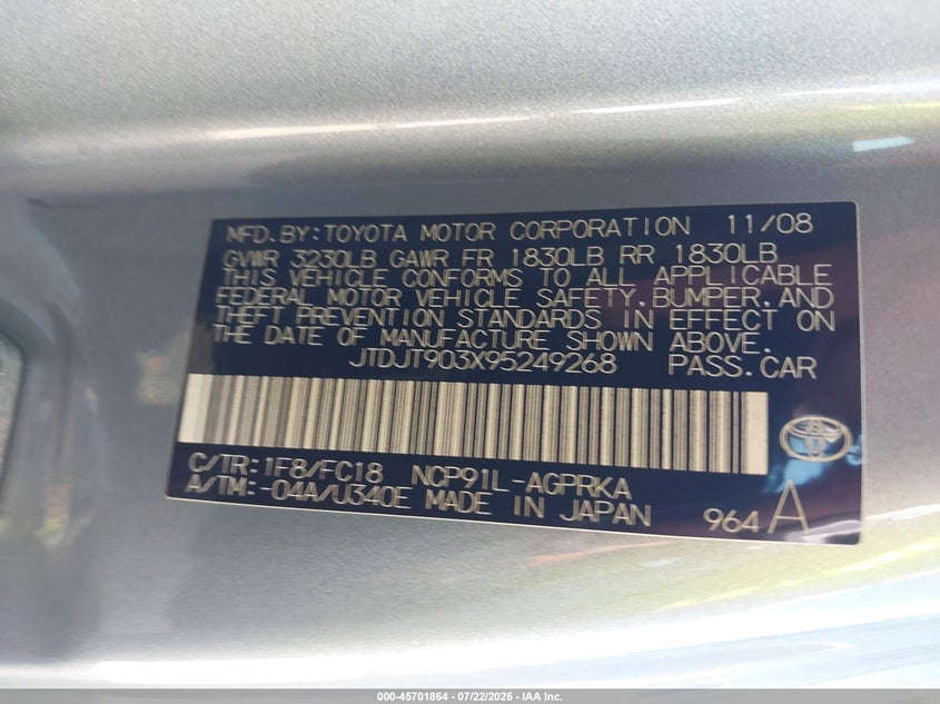 2009 Toyota Yaris VIN JTDJT903X95249268 IAAI salvage auction — NORMAL WEAR, Restored (Arizona), sold $25 on 2026-07-30 (photo 9)