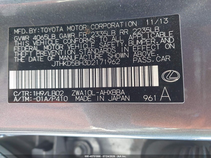 2013 Lexus Ct VIN JTHKD5BH3D2171962 IAAI salvage auction — FRONT END, Wait Title, sold $2,100 on 2026-08-01 (photo 9)