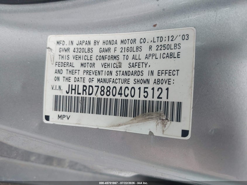 2004 Honda Cr-v VIN JHLRD78804C015121 IAAI salvage auction — NORMAL WEAR, Clear (New York), sold $375 on 2026-07-28 (photo 9)