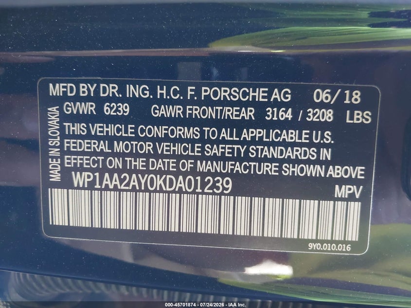 2019 Porsche Cayenne VIN WP1AA2AY0KDA01239 IAAI salvage auction — REAR END, Salvage Title, sold $13,300 on 2026-08-07 (photo 9)