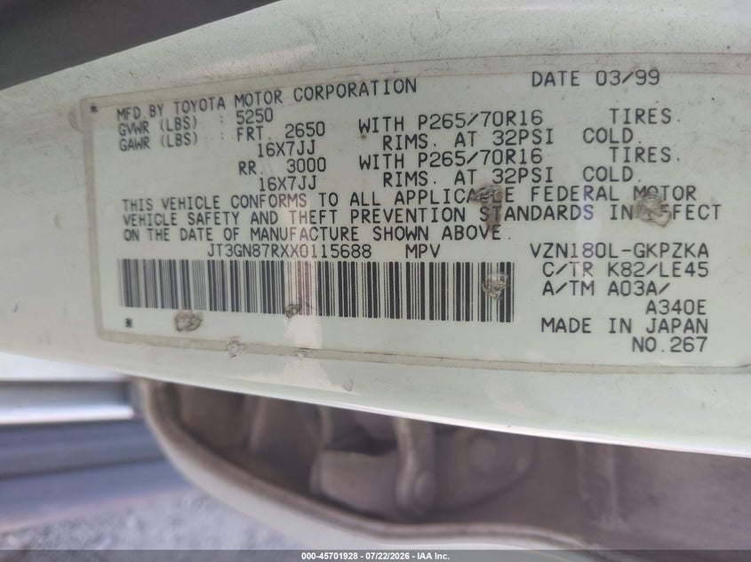 1999 Toyota 4runner VIN JT3GN87RXX0115688 IAAI salvage auction — NORMAL WEAR, Clear - Public Restricted (Oklahoma), sold $925 on 2026-07-28 (photo 9)