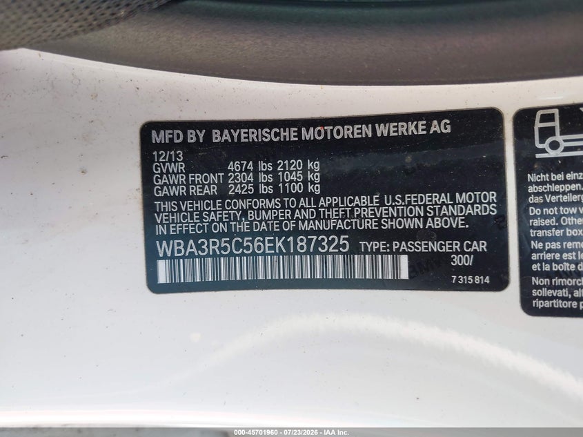 2014 BMW 4er VIN WBA3R5C56EK187325 IAAI salvage auction — FRONT END, Salvage Title, sold $4,200 on 2026-08-10 (photo 9)