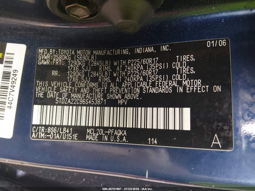 2006 Toyota Sienna VIN 5TDZA22C96S453871 IAAI salvage auction — NORMAL WEAR, Clear (Virginia), sold $750 on 2026-07-28 (photo 9)