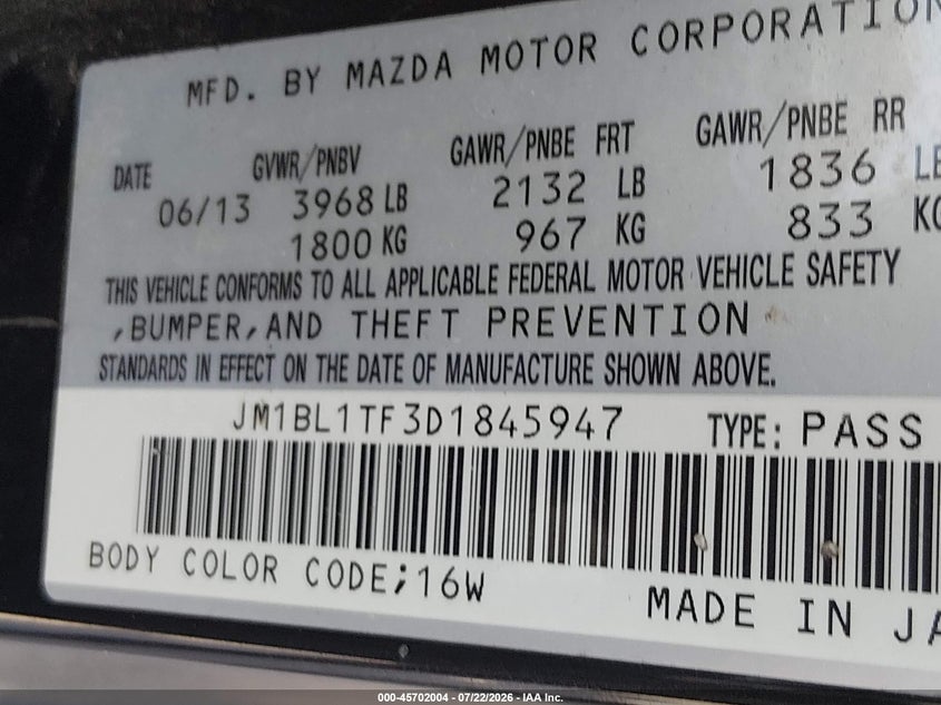 2013 Mazda 3 VIN JM1BL1TF3D1845947 IAAI salvage auction — NORMAL WEAR, Original (Texas), sold $225 on 2026-07-28 (photo 9)