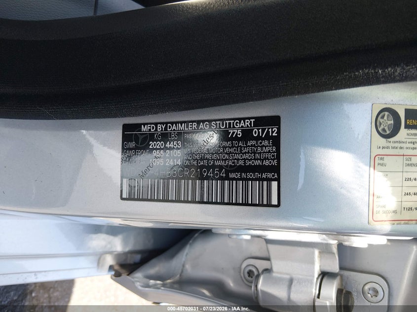 2012 Mercedes-benz C-klasse VIN WDDGF4HB3CR219454 IAAI salvage auction — NO DAMAGE, Wait Title, sold $1,100 on 2026-08-07 (photo 9)