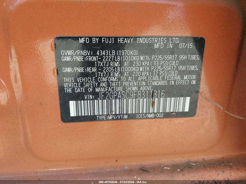 2015 Subaru Xv VIN JF2GPASC9F8311316 IAAI salvage auction — NORMAL WEAR, Clear (Washington), sold $25 on 2026-07-29 (photo 9)