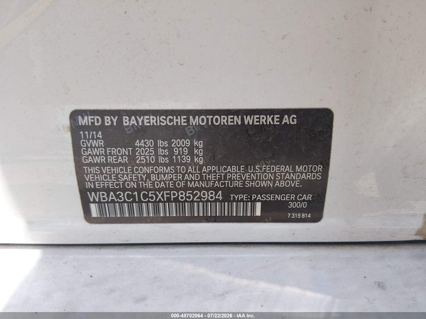 2015 BMW 3 series VIN WBA3C1C5XFP852984 IAAI salvage auction — NORMAL WEAR, Original (Texas), sold $325 on 2026-07-30 (photo 9)