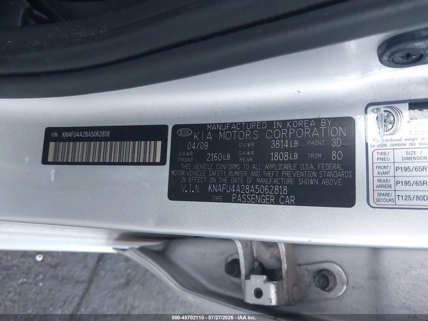 2010 Kia Forte VIN KNAFU4A28A5062818 IAAI salvage auction — REAR END, Salvage Certificate (California), sold $1,700 on 2026-07-31 (photo 9)