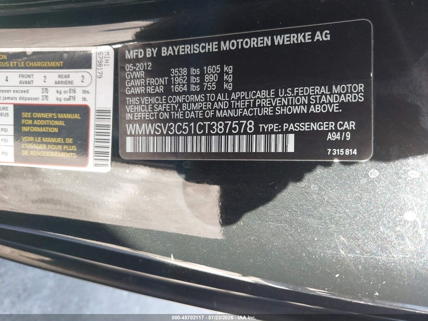 2012 Mini Cooper VIN WMWSV3C51CT387578 IAAI salvage auction — LEFT SIDE, Salvage Title, sold $775 on 2026-08-06 (photo 9)