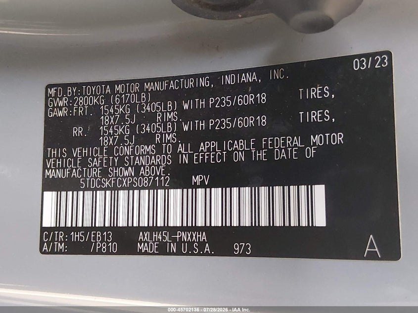 2023 Toyota Sienna VIN 5TDCSKFCXPS087112 IAAI salvage auction — RIGHT FRONT, Salvage Title, sold $11,200 on 2026-08-19 (photo 9)
