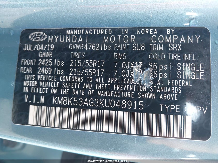 2019 Hyundai Kona VIN KM8K53AG3KU048915 IAAI salvage auction — NORMAL WEAR, Clear (Virginia), sold $3,800 on 2026-07-29 (photo 9)