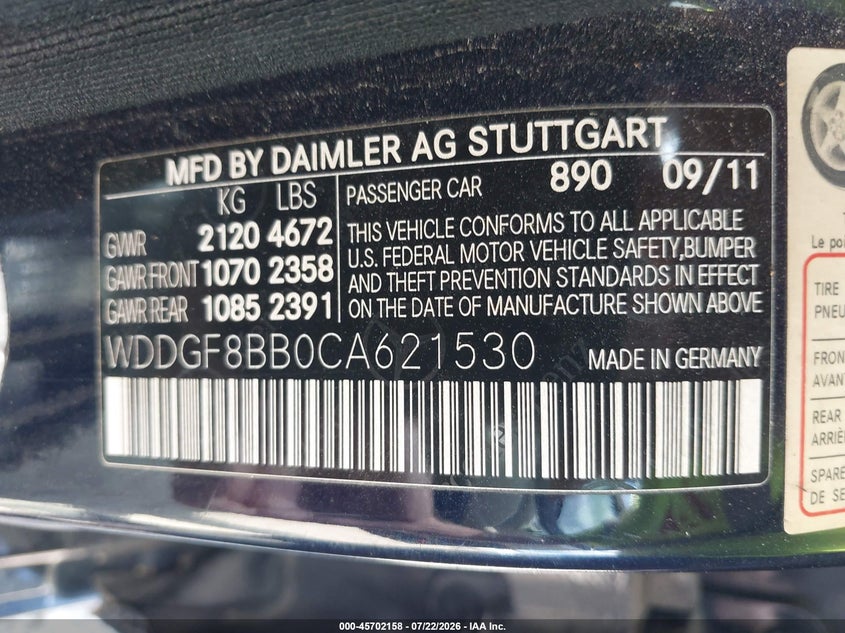 2012 Mercedes-benz C-klasse VIN WDDGF8BB0CA621530 IAAI salvage auction — LEFT FRONT, Salvage Title, sold $600 on 2026-08-19 (photo 9)