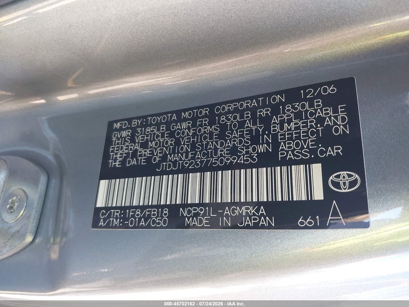 2007 Toyota Yaris VIN JTDJT923775099453 IAAI salvage auction — FRONT END, Salvage (California), sold $875 on 2026-08-03 (photo 9)