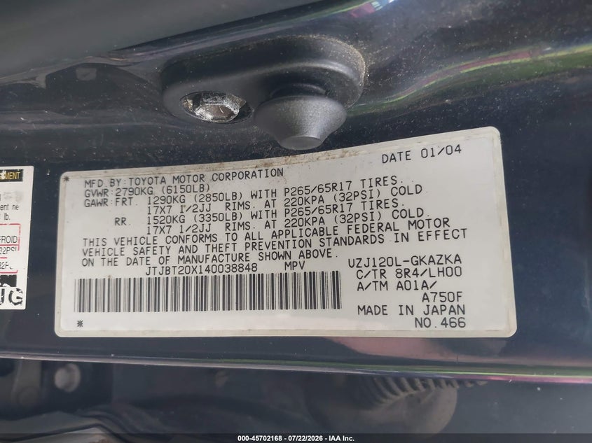 2004 Lexus Gx 470 VIN JTJBT20X140038848 IAAI salvage auction — NORMAL WEAR, Clear (New York), sold $775 on 2026-07-28 (photo 9)