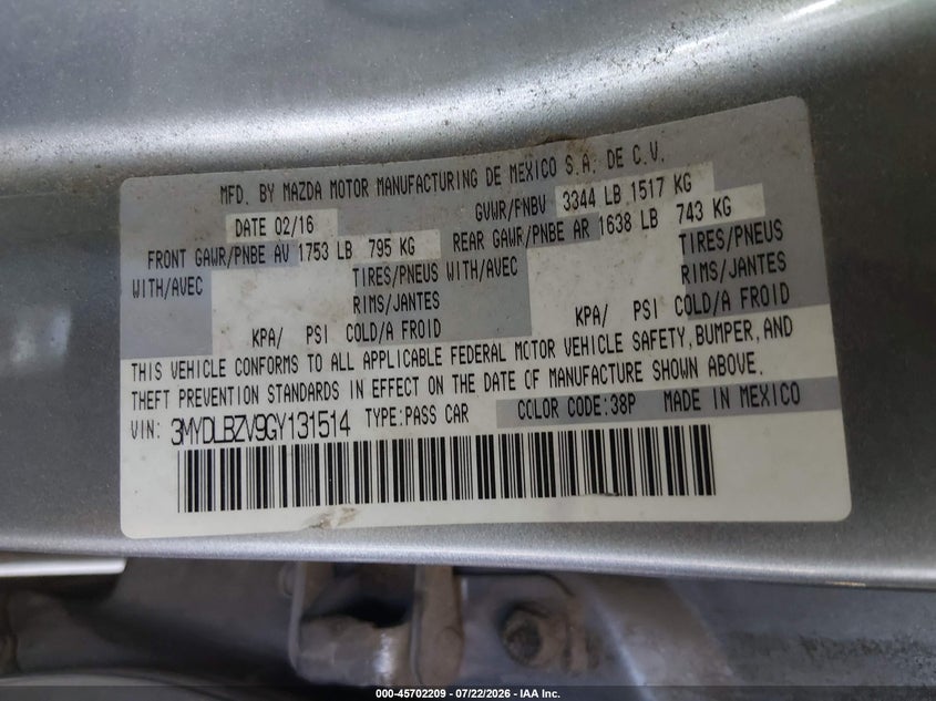 2016 Scion Ia VIN 3MYDLBZV9GY131514 IAAI salvage auction — REAR END, Wait Title, sold $1,800 on 2026-08-30 (photo 9)