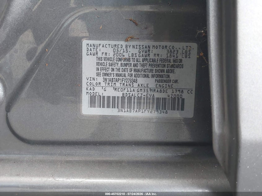 2015 Nissan Sentra VIN 3N1AB7AP1FY279348 IAAI salvage auction — NORMAL WEAR, Clear (Montana), sold $725 on 2026-09-11 (photo 9)