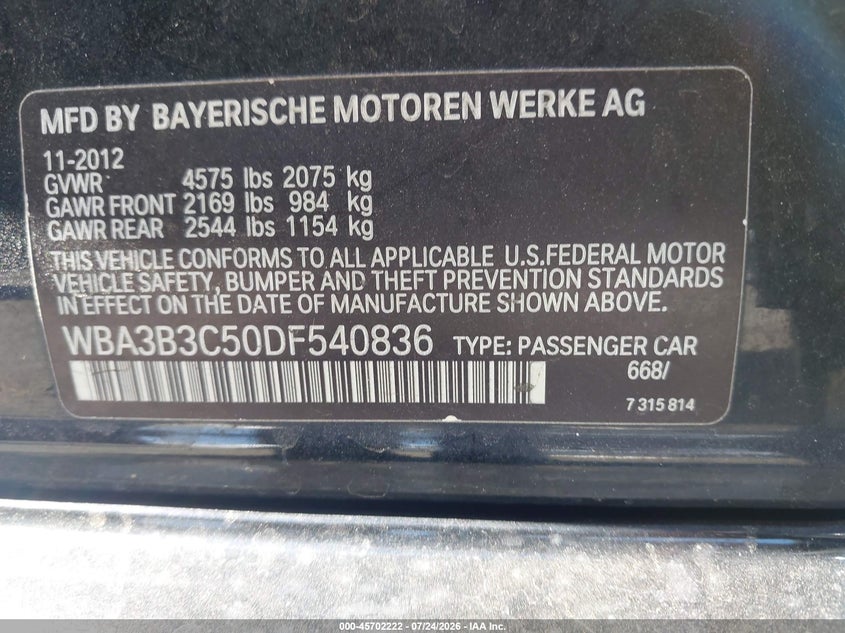2013 BMW 3er VIN WBA3B3C50DF540836 IAAI salvage auction — REAR END, Salvage (California), sold $975 on 2026-08-18 (photo 9)