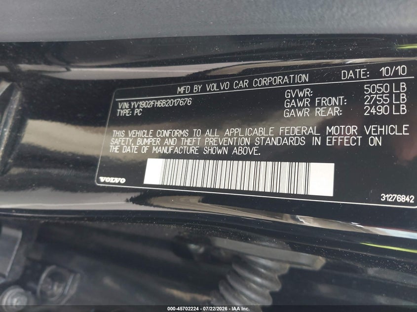 2011 Volvo S60 VIN YV1902FH6B2017676 IAAI salvage auction — NORMAL WEAR, Clear (North Carolina), sold $675 on 2026-08-05 (photo 9)