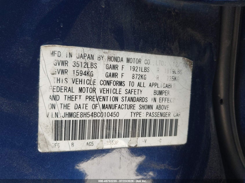 2011 Honda Fit VIN JHMGE8H54BC010450 IAAI salvage auction — LEFT SIDE, Salvage (California), sold $25 on 2026-07-31 (photo 9)