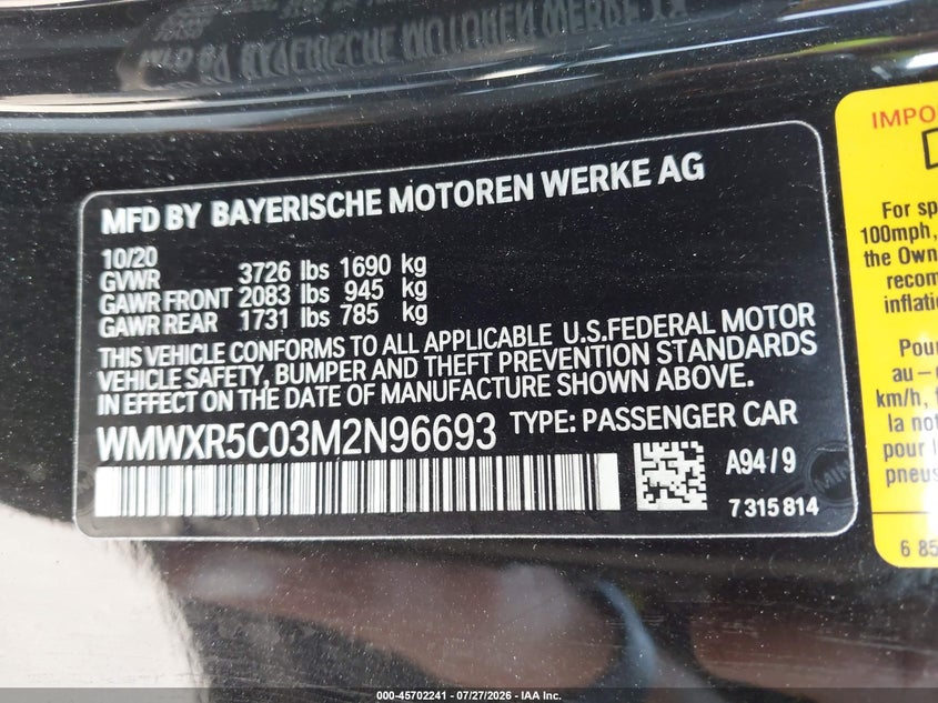 2021 Mini Hard top VIN WMWXR5C03M2N96693 IAAI salvage auction — WATER/FLOOD, Salvage Title, sold $4,000 on 2026-09-03 (photo 9)