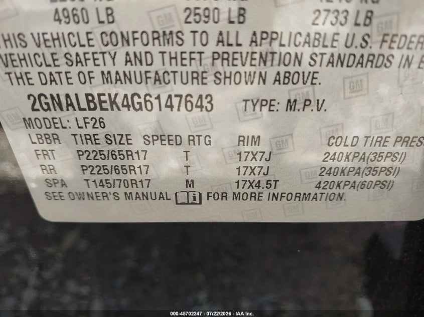 2016 Chevrolet Equinox VIN 2GNALBEK4G6147643 IAAI salvage auction — NORMAL WEAR, Clear (Virginia), sold $1,675 on 2026-08-01 (photo 9)