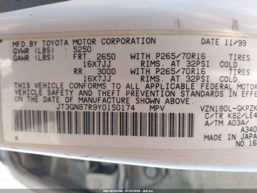2000 Toyota 4runner VIN JT3GN87R9Y0150174 IAAI salvage auction — NORMAL WEAR, Clear - Dealer Only (California), sold $25 on 2026-07-30 (photo 9)