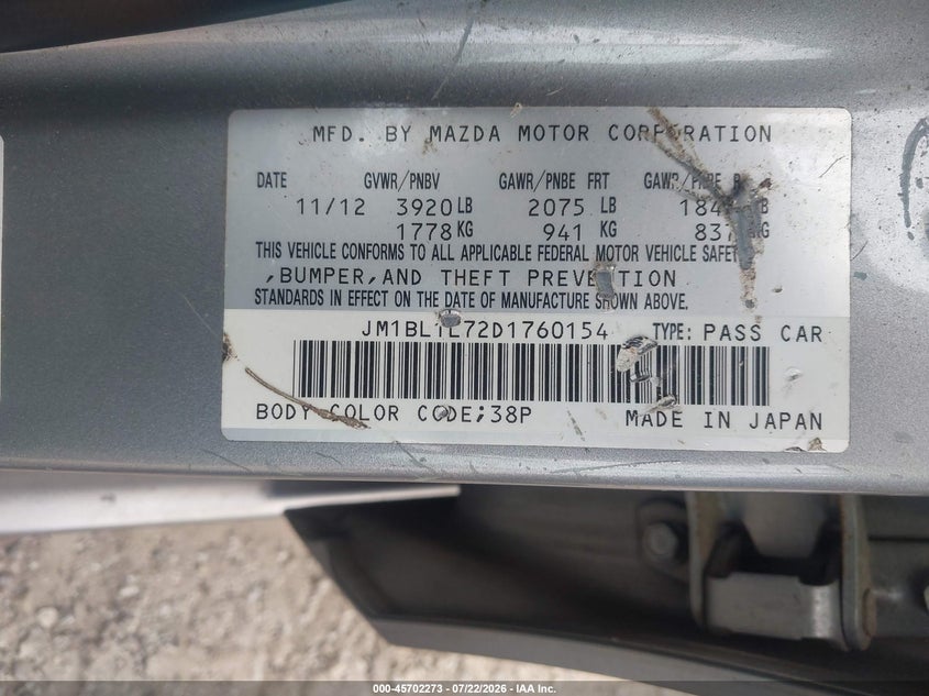 2013 Mazda 3 VIN JM1BL1L72D1760154 IAAI salvage auction — ENGINE DAMAGE, Clear (Georgia), sold $250 on 2026-07-31 (photo 9)