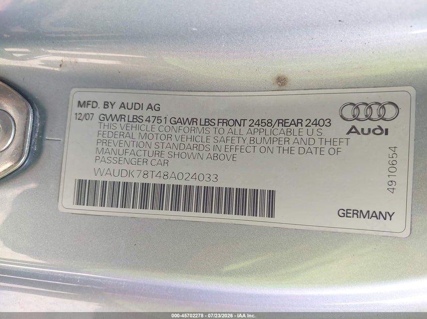 2008 Audi A5 VIN WAUDK78T48A024033 IAAI salvage auction — FRONT END, Bill Of Sale (Washington), sold $525 on 2026-08-14 (photo 9)