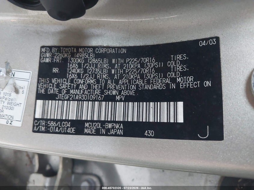 2003 Toyota Highlander VIN JTEGF21A930109167 IAAI salvage auction — NORMAL WEAR, Clear (Georgia), sold $775 on 2026-07-29 (photo 9)