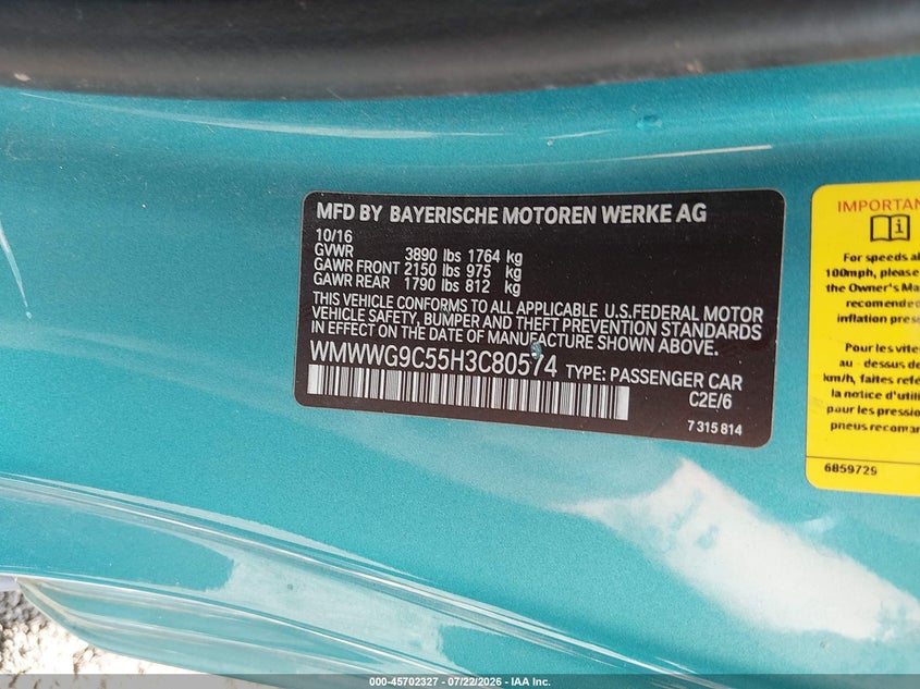 2017 Mini Convertible VIN WMWWG9C55H3C80574 IAAI salvage auction — NORMAL WEAR, Salvage Title, sold $1,875 on 2026-08-13 (photo 9)