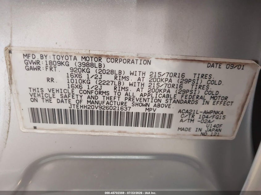 2002 Toyota Rav4 VIN JTEHH20V926021637 IAAI salvage auction — NORMAL WEAR, Clear (Virginia), sold $525 on 2026-07-30 (photo 9)