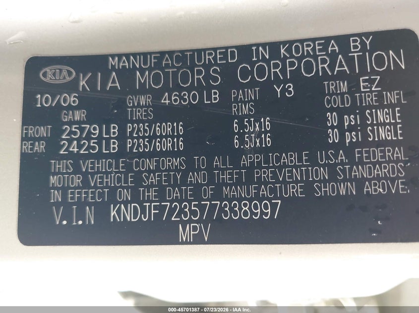 2007 Kia Sportage VIN KNDJF723577338997 IAAI salvage auction — REAR END, Salvage (California), sold $475 on 2026-07-30 (photo 9)