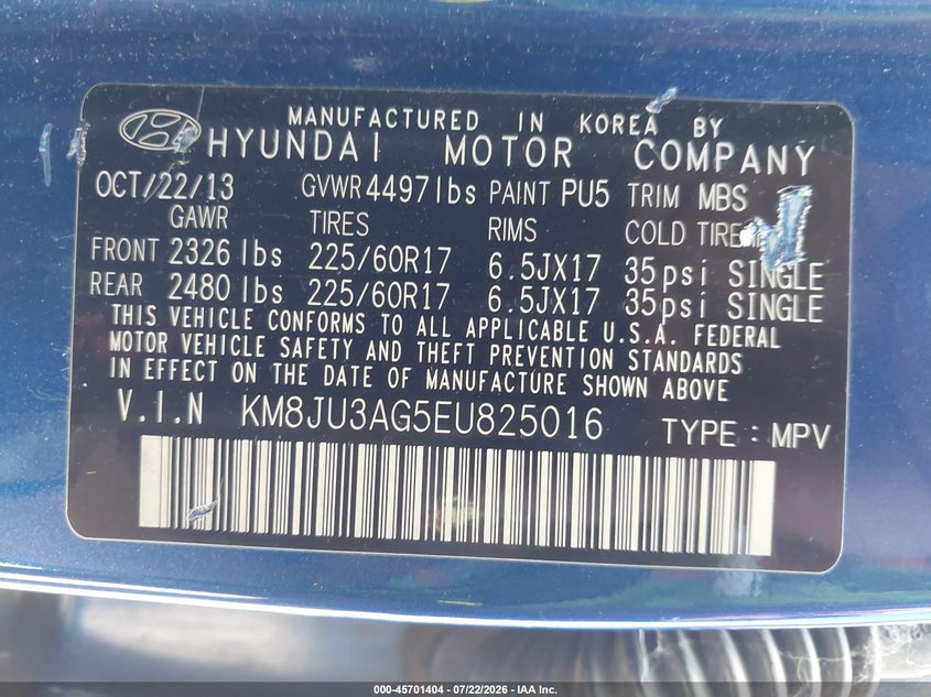2014 Hyundai Tucson VIN KM8JU3AG5EU825016 IAAI salvage auction — NORMAL WEAR, Clear - Dealer Only (California), sold $25 on 2026-07-29 (photo 9)
