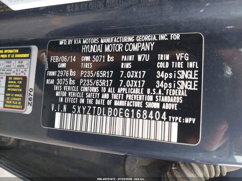 2014 Hyundai Santa fe VIN 5XYZTDLB0EG168404 IAAI salvage auction — NORMAL WEAR, Rebuilt/Restored (Utah), sold $525 on 2026-07-30 (photo 9)