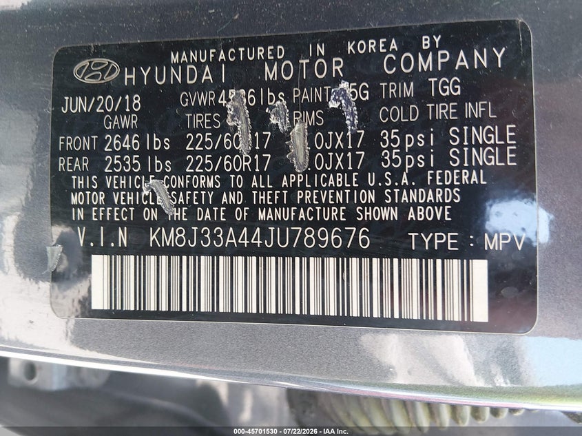 2018 Hyundai Tucson VIN KM8J33A44JU789676 IAAI salvage auction — NORMAL WEAR, Clear (Texas), sold $25 on 2026-07-30 (photo 9)