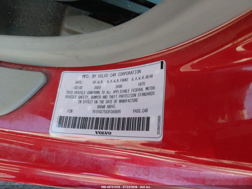 2003 Volvo S40 VIN YV1VS27533F000695 IAAI salvage auction — LEFT FRONT, Salvage (California), sold $625 on 2026-08-06 (photo 9)