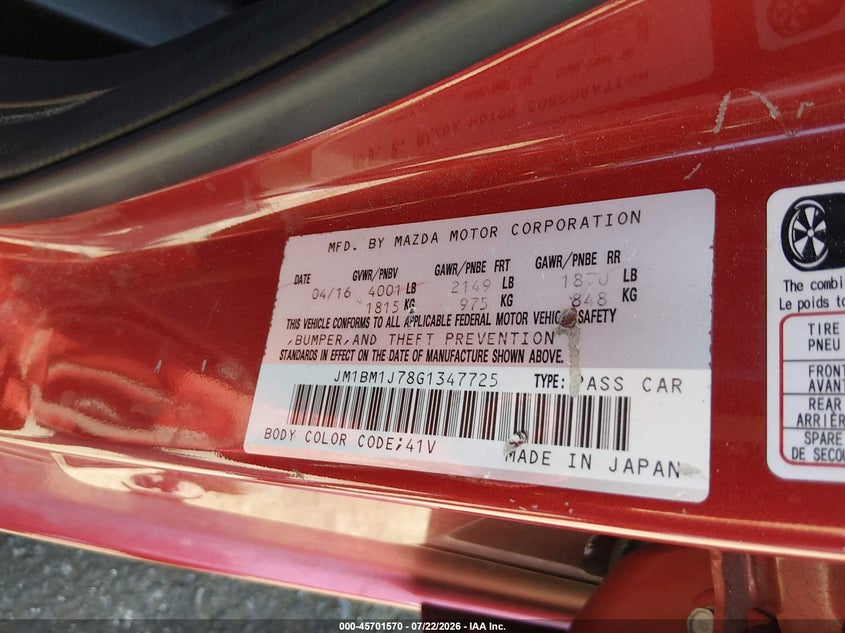 2016 Mazda 3 VIN JM1BM1J78G1347725 IAAI salvage auction — RIGHT REAR, Wait Title, sold $2,000 on 2026-09-03 (photo 9)