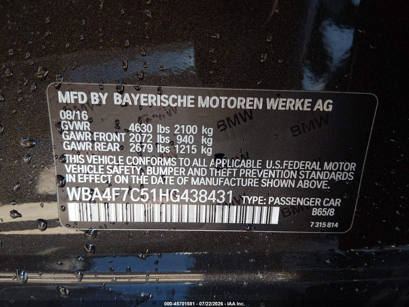 2017 BMW 4er VIN WBA4F7C51HG438431 IAAI salvage auction — LEFT SIDE, Salvage (California), sold $6,900 on 2026-08-03 (photo 9)