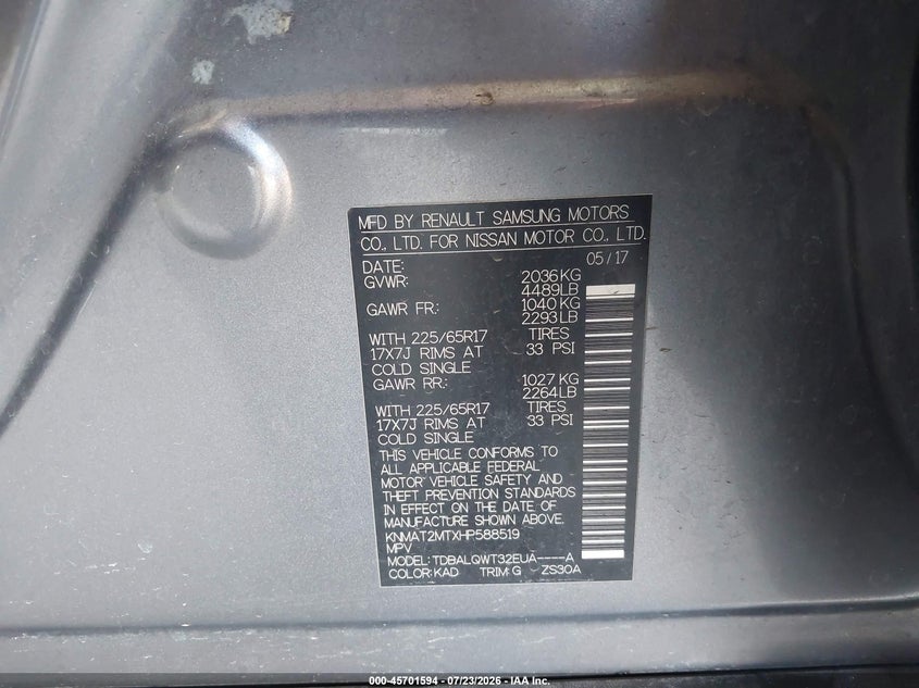 2017 Nissan Rogue VIN KNMAT2MTXHP588519 IAAI salvage auction — BIO HAZARD, Wait Title, sold $525 on 2026-09-12 (photo 9)