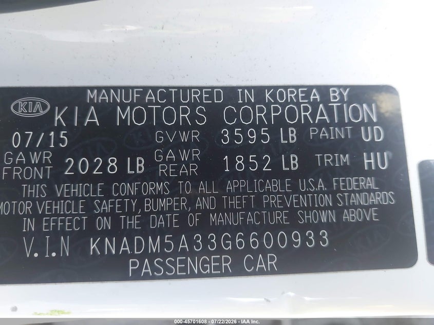2016 Kia Rio VIN KNADM5A33G6600933 IAAI salvage auction — NORMAL WEAR, Clear - Dealer Only (California), sold $350 on 2026-07-29 (photo 9)