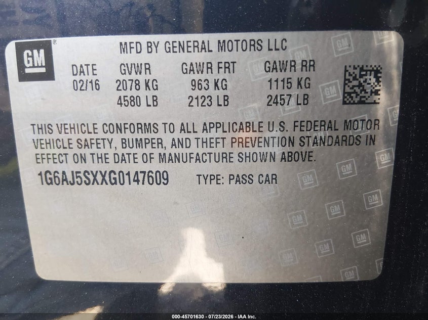 2016 Cadillac Ats VIN 1G6AJ5SXXG0147609 IAAI salvage auction — NORMAL WEAR, Clear (Maryland), sold $2,250 on 2026-08-01 (photo 9)