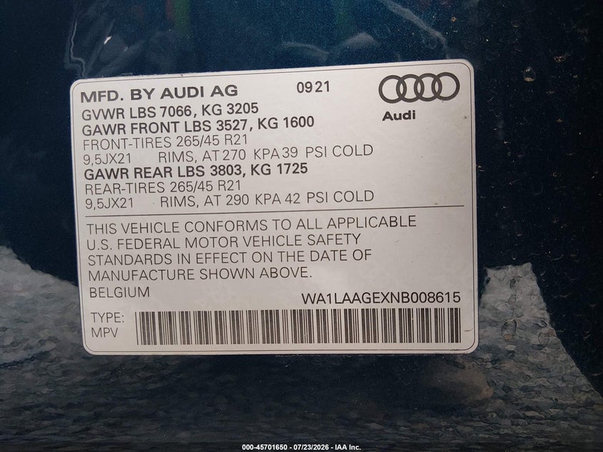 2022 Audi E-tron VIN WA1LAAGEXNB008615 IAAI salvage auction — REAR END, Bill Of Sale (Washington), sold $20,500 on 2026-08-19 (photo 9)