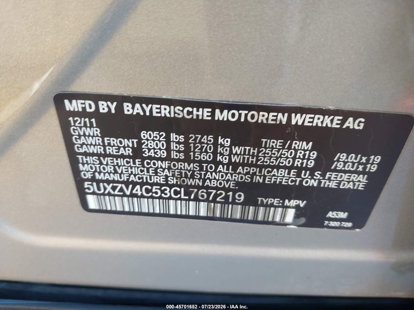 2012 BMW X5 VIN 5UXZV4C53CL767219 IAAI salvage auction — REAR END, Salvage (California), sold $600 on 2026-08-23 (photo 9)