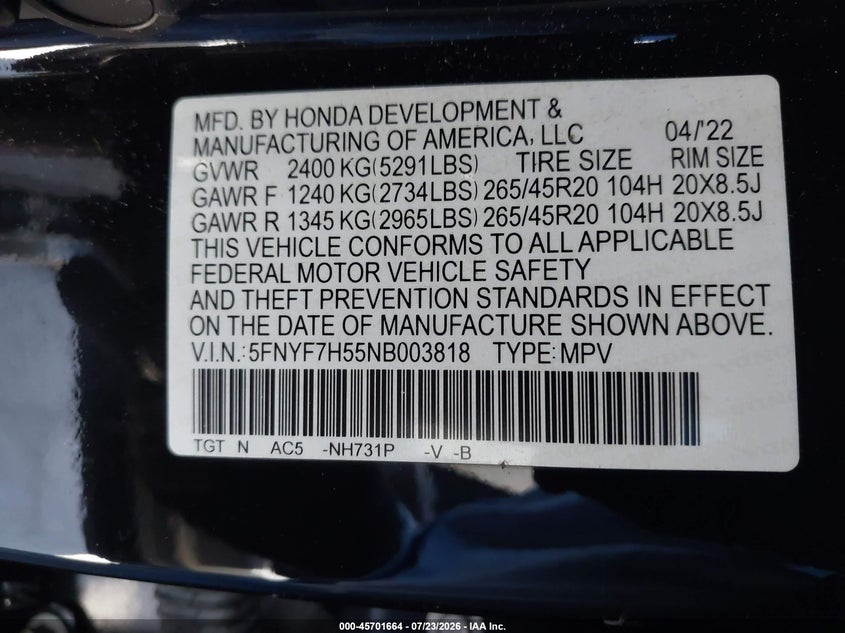 2022 Honda Passport VIN 5FNYF7H55NB003818 IAAI salvage auction — REAR END, Wait Title, sold $9,200 on 2026-08-20 (photo 9)