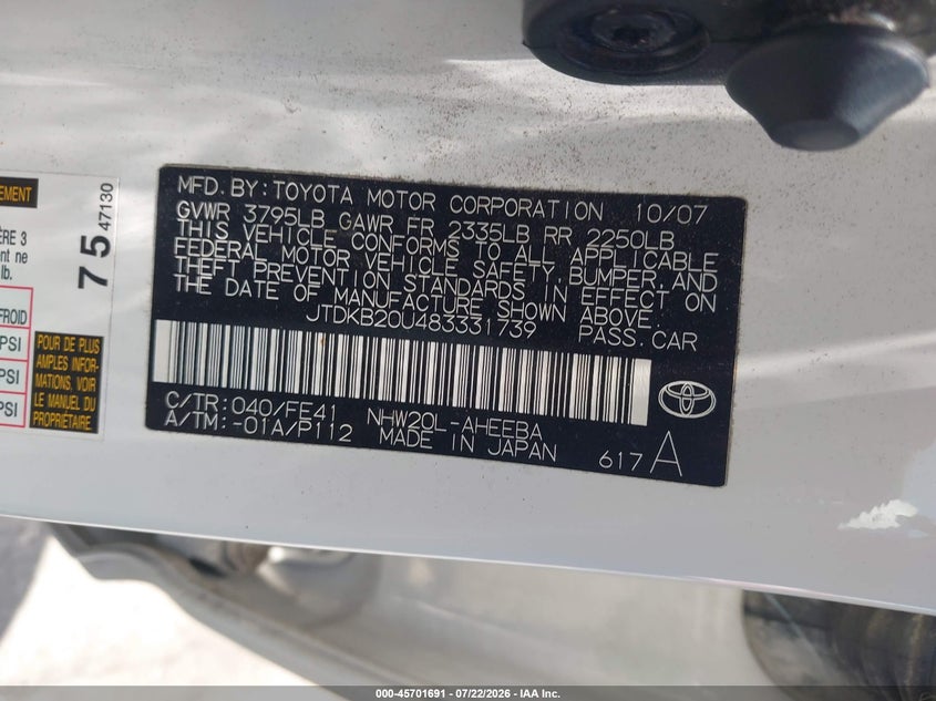 2008 Toyota Prius VIN JTDKB20U483331739 IAAI salvage auction — NORMAL WEAR, Clear - Dealer Only (California), sold $25 on 2026-07-30 (photo 9)